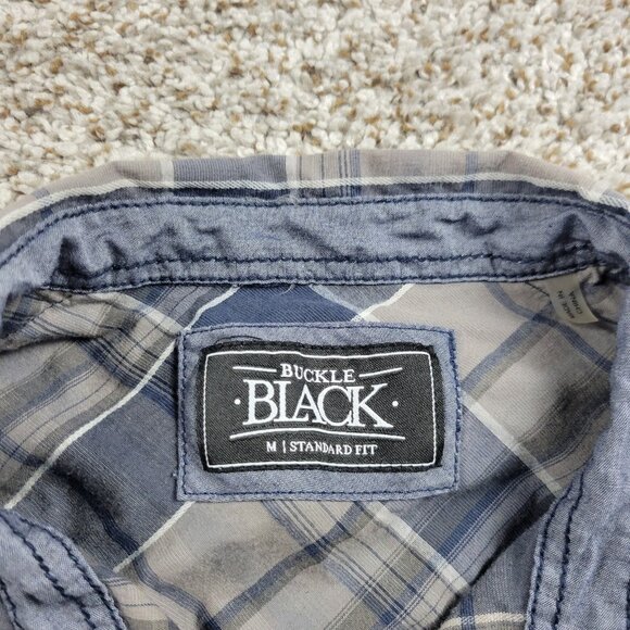 Buckle Black Pearl Snap Shirt Mens Medium Gray Blue Plaid Long Sleeve Standard - Picture 3 of 7